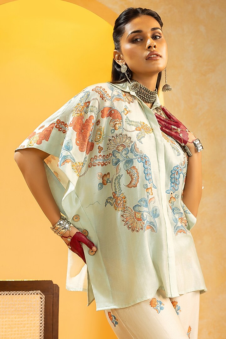 Blue Chanderi Embellished & Printed Co-Ord Set by Soup by Sougat Paul at Pernia's Pop Up Shop