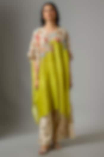 Yellow & Beige Chanderi Hand Embroidered Kaftan Set by Soup by Sougat Paul at Pernia's Pop Up Shop