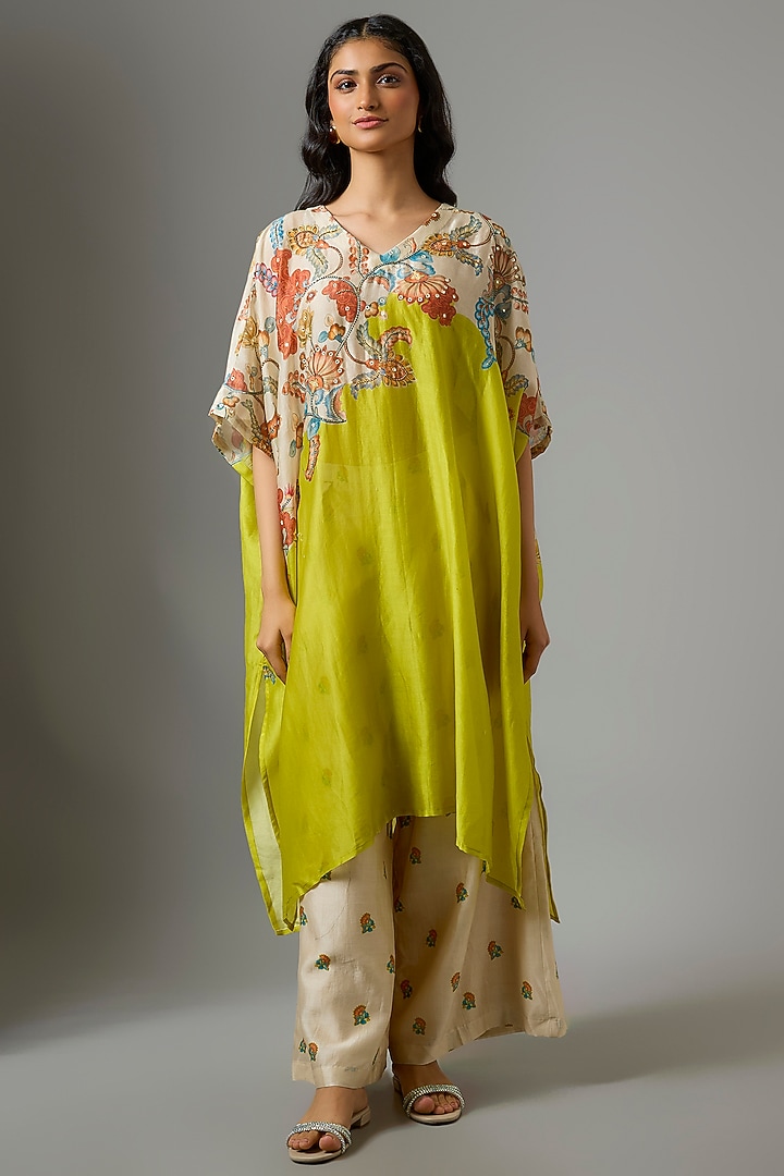 Yellow & Beige Chanderi Hand Embroidered Kaftan Set by Soup by Sougat Paul at Pernia's Pop Up Shop