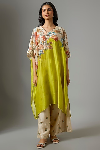 Yellow & Beige Chanderi Hand Embroidered Kaftan Set by Soup by Sougat Paul