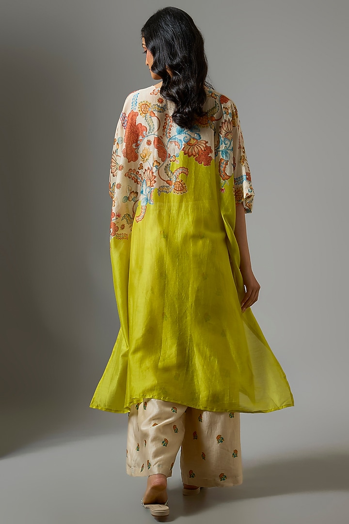Yellow & Beige Chanderi Hand Embroidered Kaftan Set by Soup by Sougat Paul at Pernia's Pop Up Shop