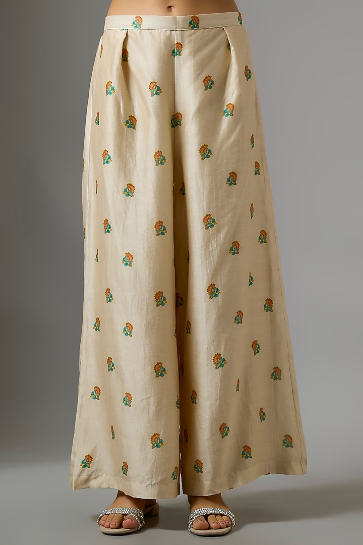 Yellow & Beige Chanderi Hand Embroidered Kaftan Set by Soup by Sougat Paul at Pernia's Pop Up Shop