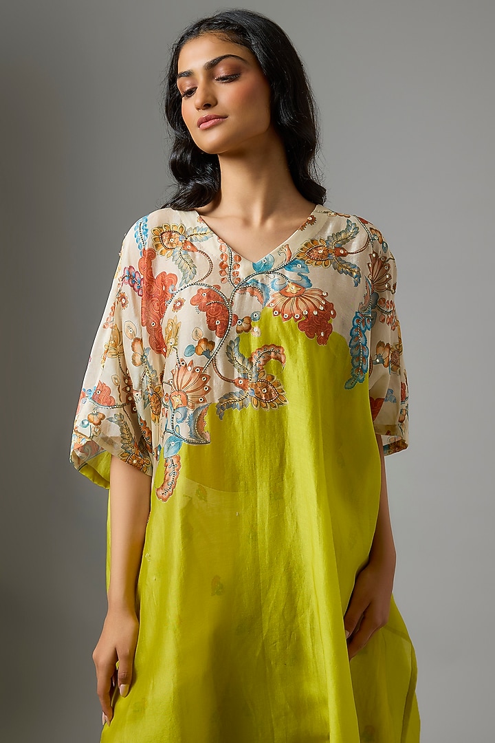 Yellow & Beige Chanderi Hand Embroidered Kaftan Set by Soup by Sougat Paul at Pernia's Pop Up Shop