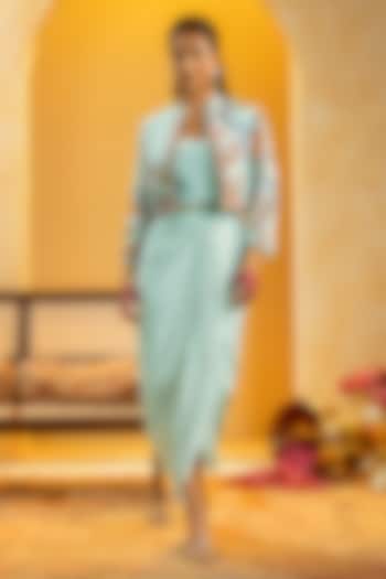 Blue Crepe Printed Jacket Vacation Dress by Soup by Sougat Paul at Pernia's Pop Up Shop