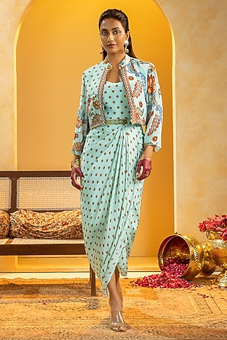 Blue Crepe Printed Jacket Dress by Soup by Sougat Paul
