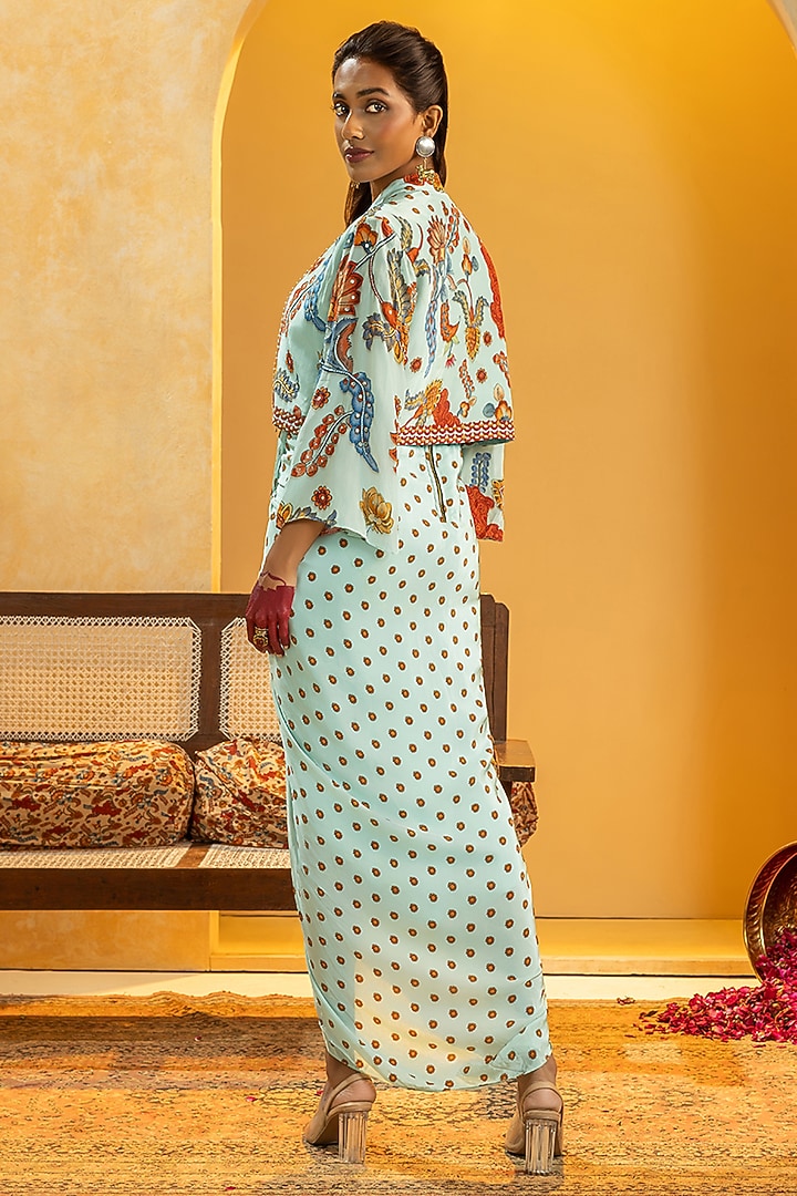 Blue Crepe Printed Jacket Vacation Dress by Soup by Sougat Paul at Pernia's Pop Up Shop