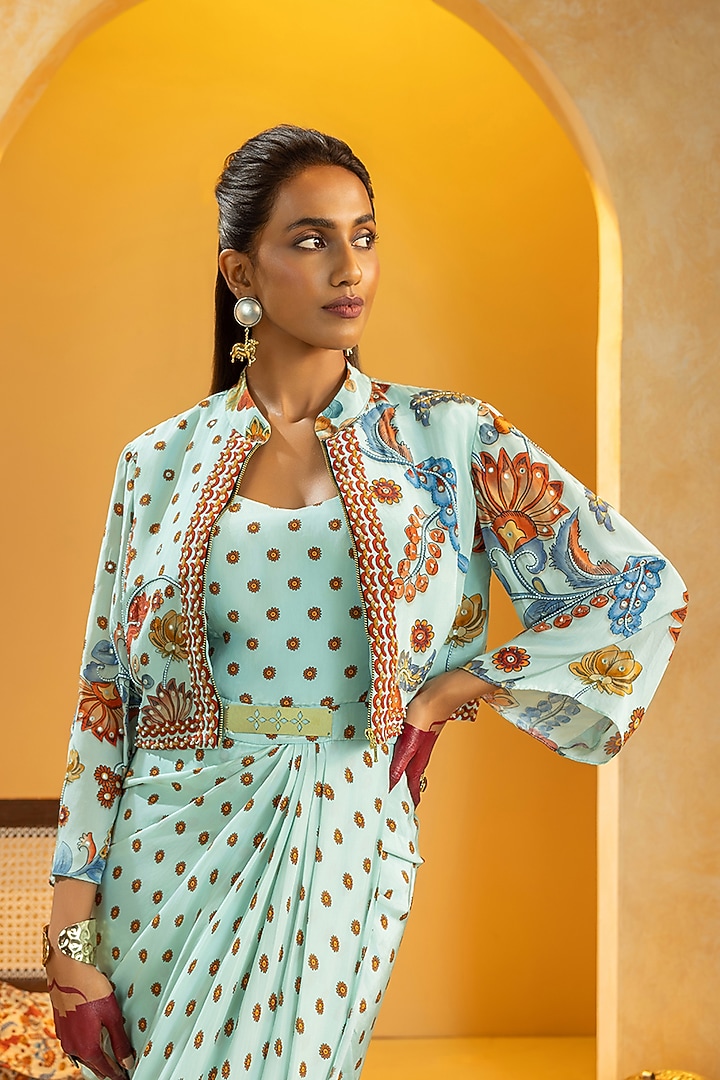 Blue Crepe Printed Jacket Vacation Dress by Soup by Sougat Paul at Pernia's Pop Up Shop