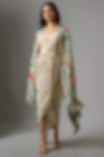 Beige Crepe Hand Embellished Jacket Vacation Dress by Soup by Sougat Paul at Pernia's Pop Up Shop