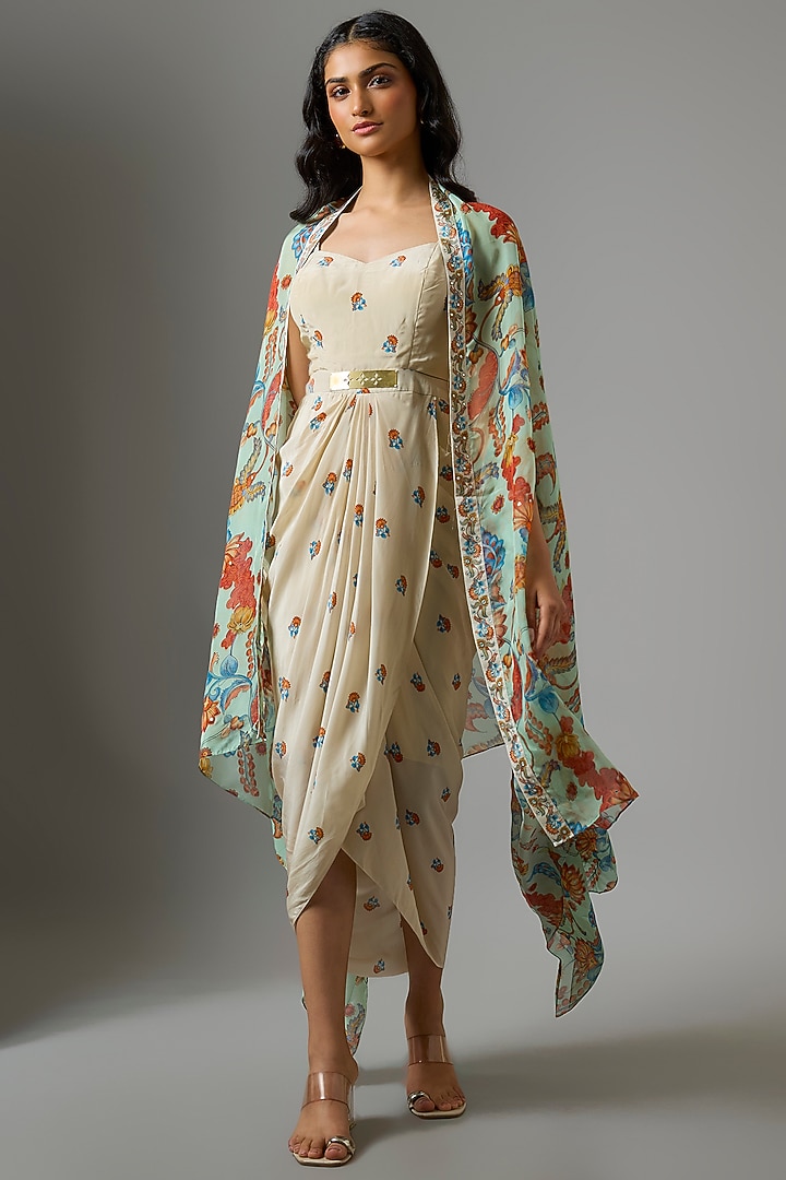 Beige Crepe Hand Embellished Jacket Vacation Dress by Soup by Sougat Paul at Pernia's Pop Up Shop