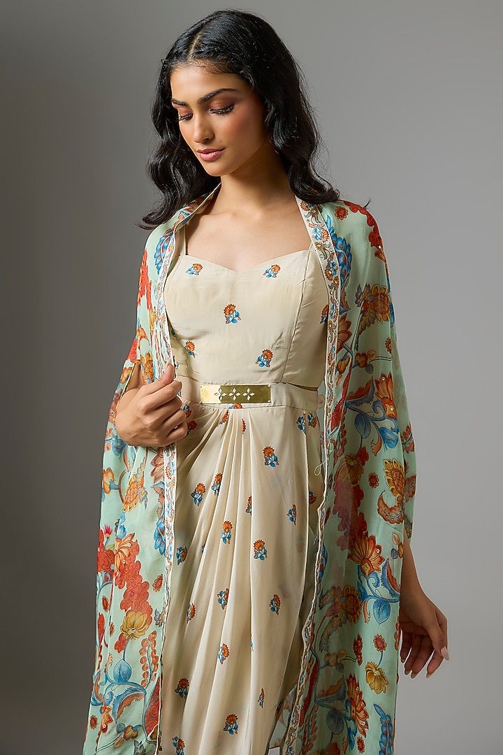 Beige Crepe Hand Embellished Jacket Vacation Dress by Soup by Sougat Paul at Pernia's Pop Up Shop