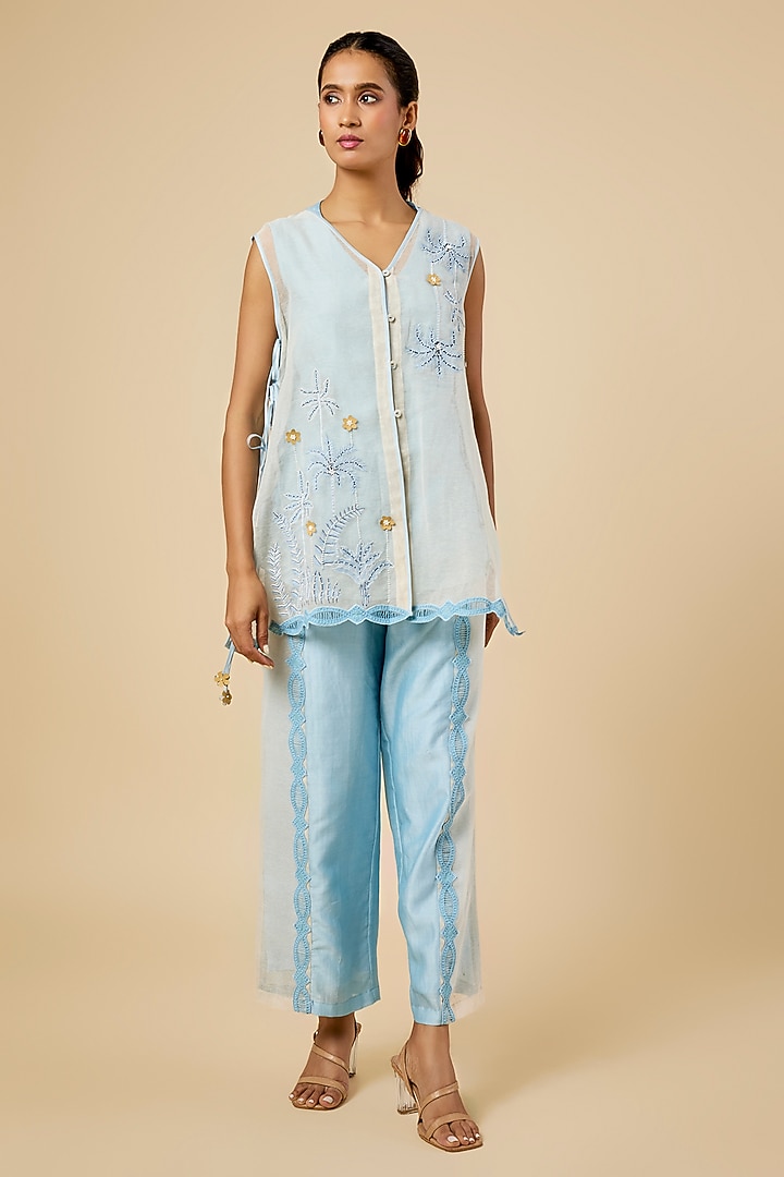 Light Blue Handloom Cotton Embroidered Pant Set by Soup by Sougat Paul at Pernia's Pop Up Shop