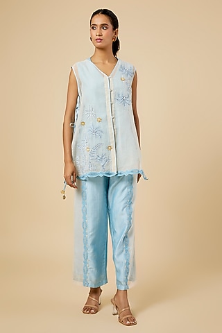 Light Blue Handloom Cotton Embroidered Pant Set by Soup by Sougat Paul