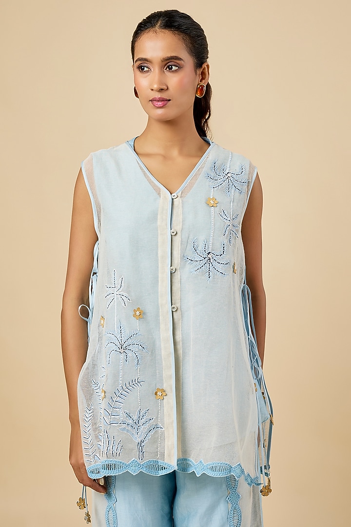 Light Blue Handloom Cotton Embroidered Pant Set by Soup by Sougat Paul at Pernia's Pop Up Shop