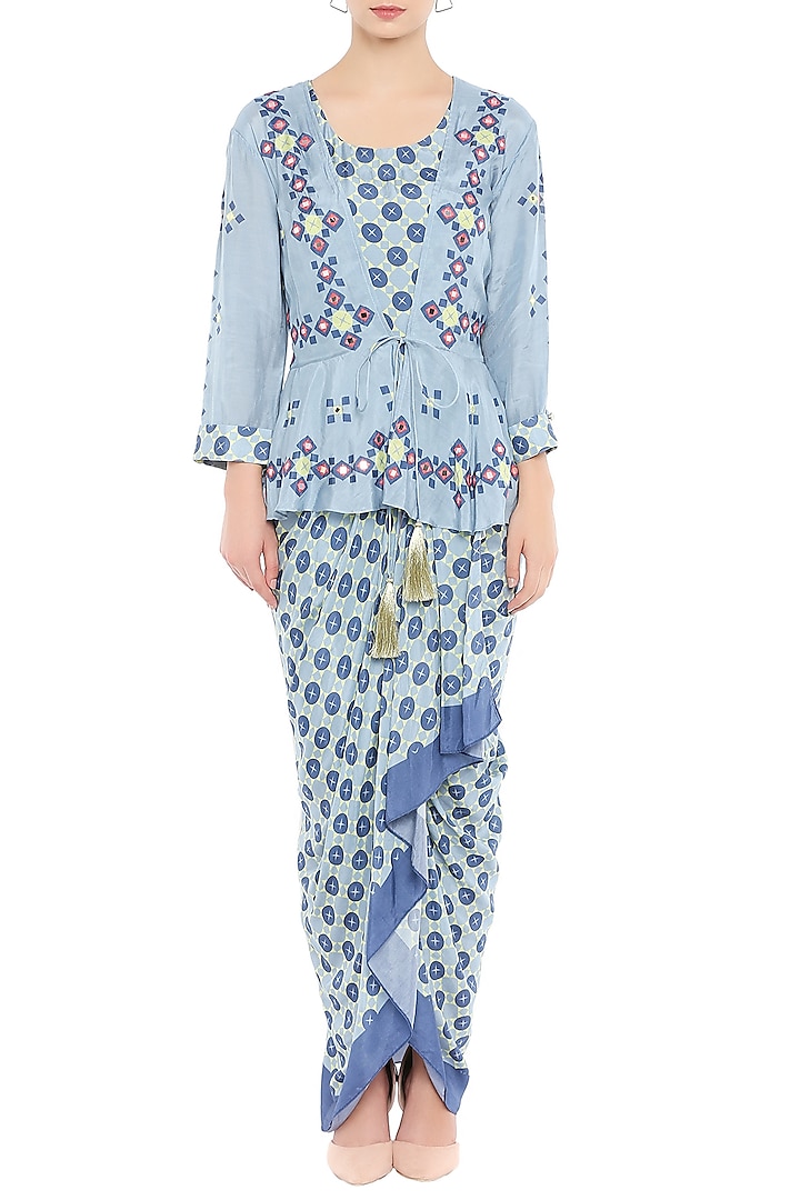 Blue Draped Dress With Embellished Jacket by Soup by Sougat Paul