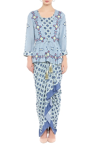 Blue Draped Dress With Embellished Jacket by Soup by Sougat Paul