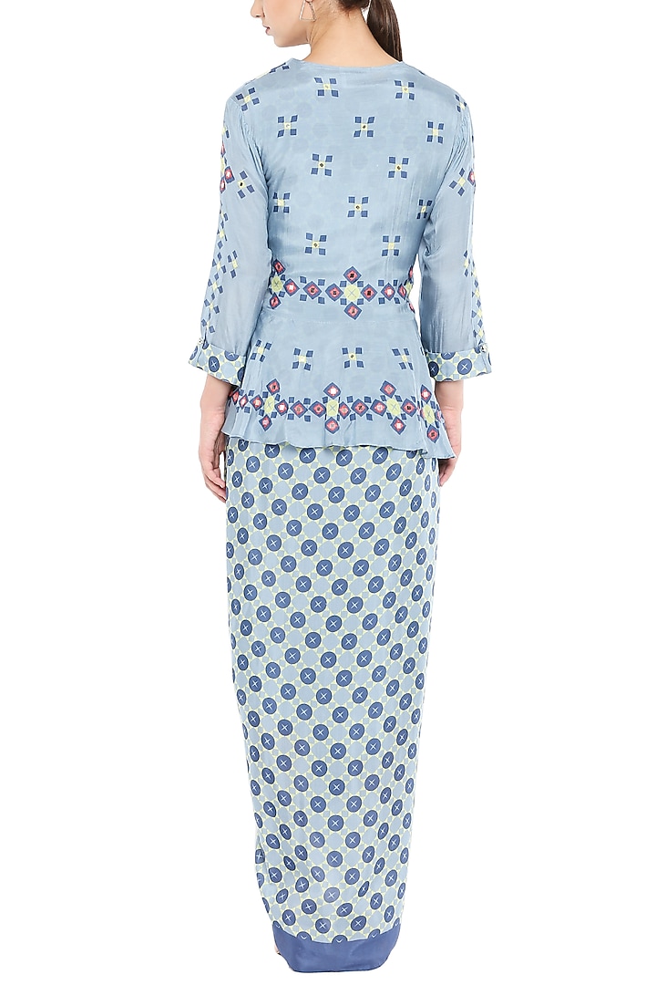 Blue Draped Vacation Dress With Embellished Jacket by Soup by Sougat Paul at Pernia's Pop Up Shop
