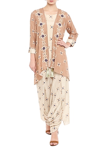 Beige Printed Jumpsuit With Embellished Sand Brown Jacket by Soup by Sougat Paul