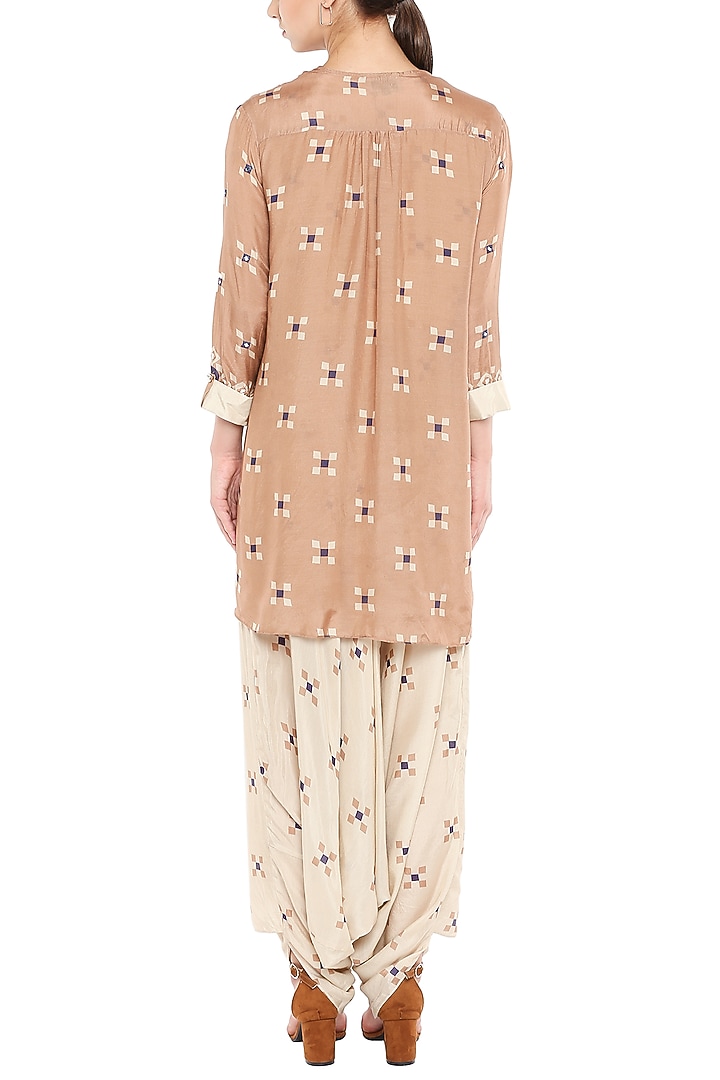 Beige Printed Jumpsuit With Embellished Sand Brown Jacket by Soup by Sougat Paul at Pernia's Pop Up Shop
