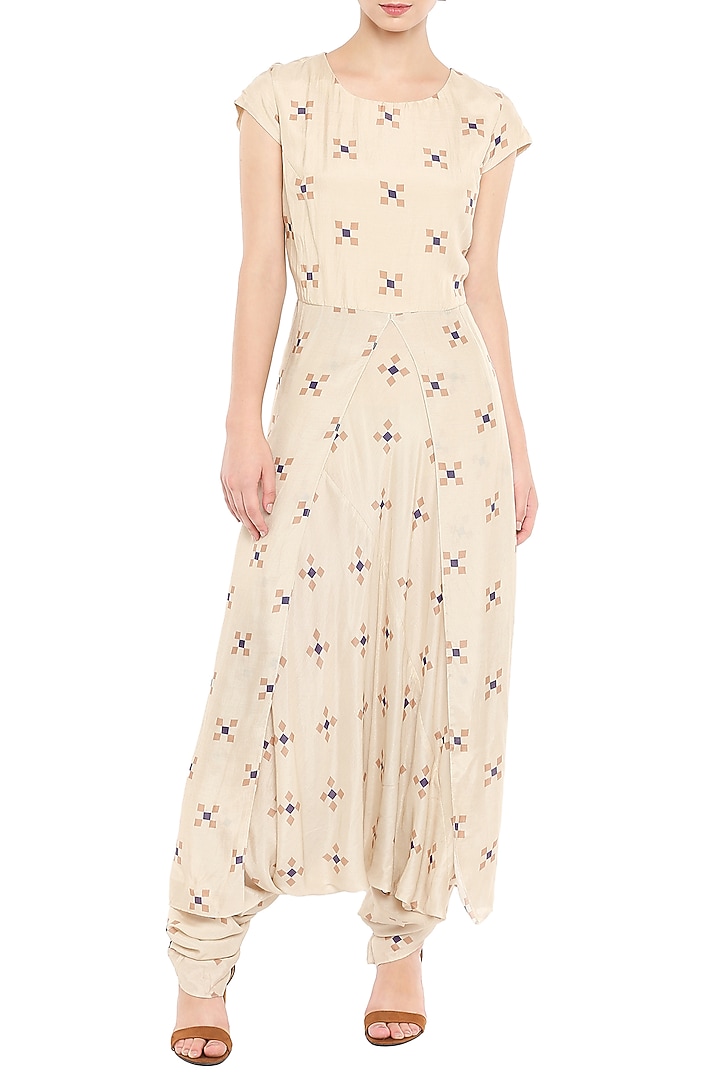 Beige Printed Jumpsuit With Embellished Sand Brown Jacket by Soup by Sougat Paul at Pernia's Pop Up Shop