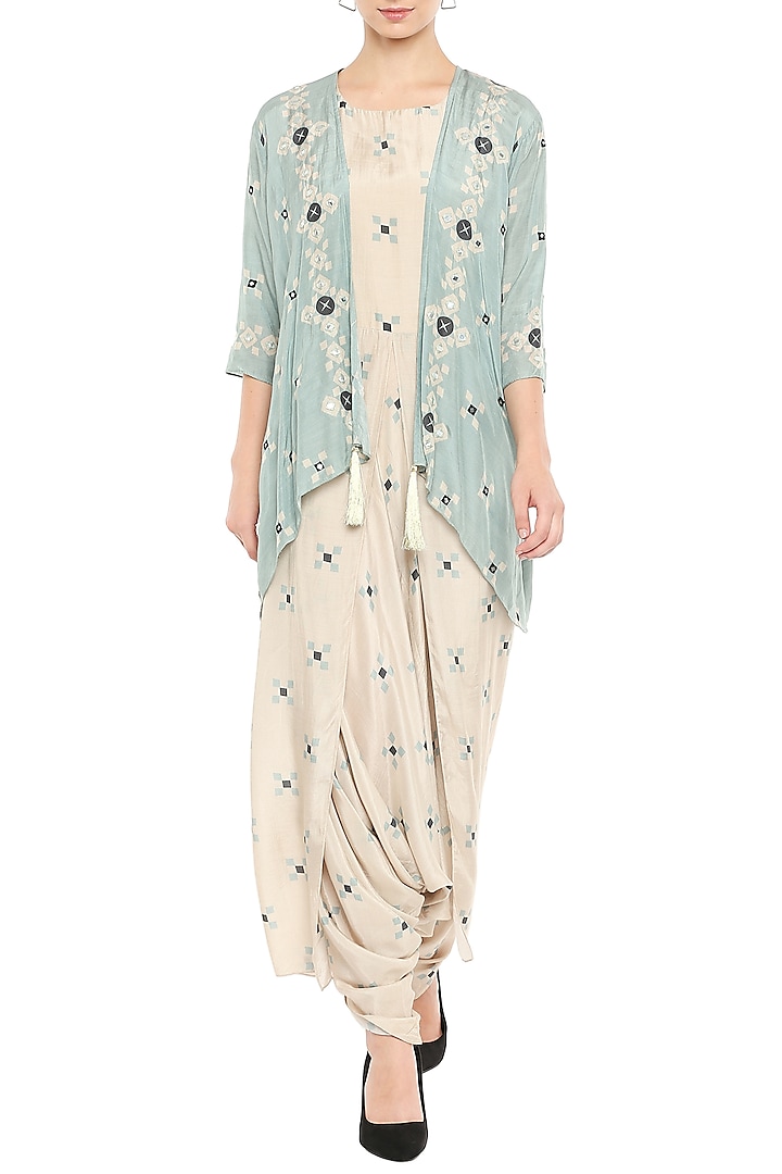Beige Printed Jumpsuit With Embellished Blue Jacket by Soup by Sougat Paul