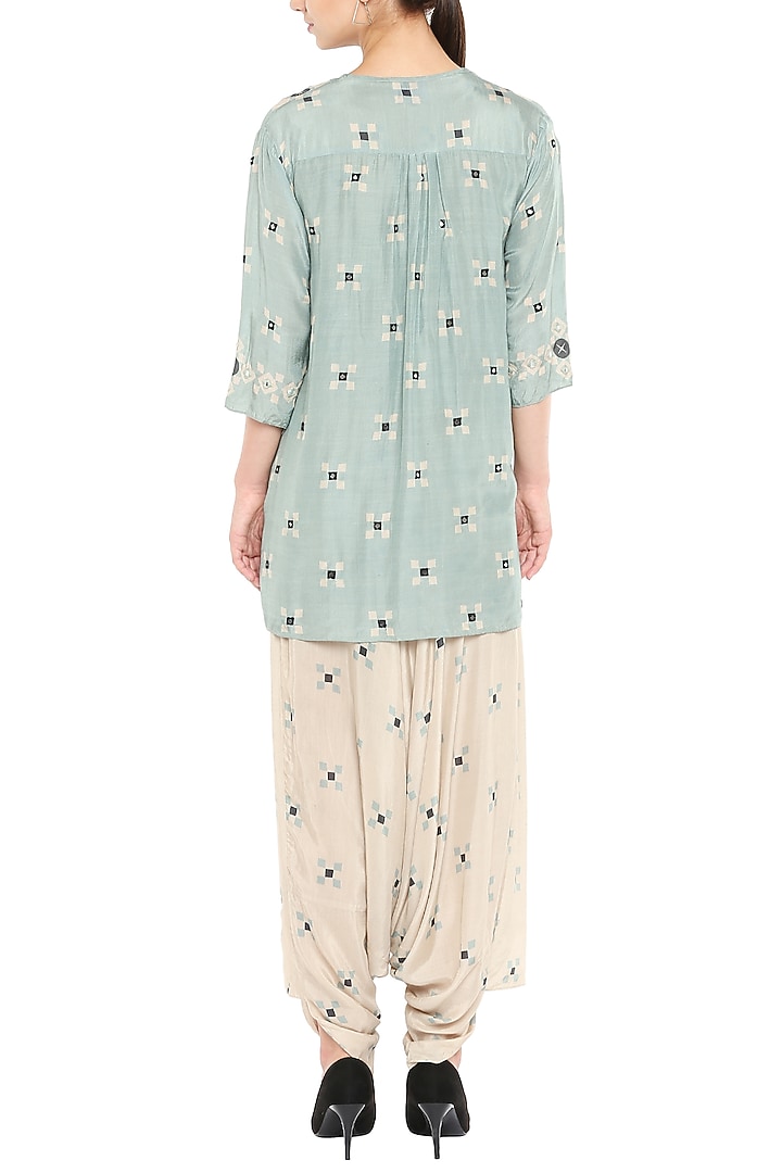 Beige Printed Jumpsuit With Embellished Blue Jacket by Soup by Sougat Paul at Pernia's Pop Up Shop