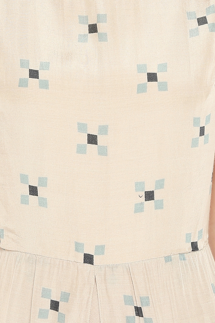 Beige Printed Jumpsuit With Embellished Blue Jacket by Soup by Sougat Paul at Pernia's Pop Up Shop