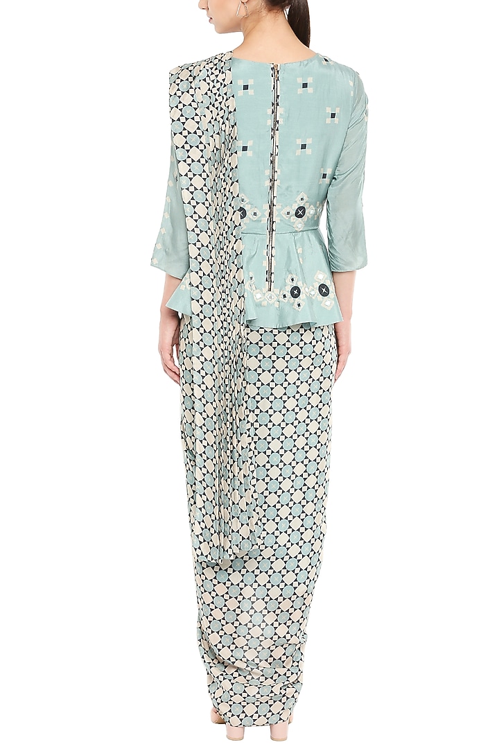 Blue Chanderi Mirror Embellished Pre-Draped Party Wear Saree Set by Soup by Sougat Paul at Pernia's Pop Up Shop