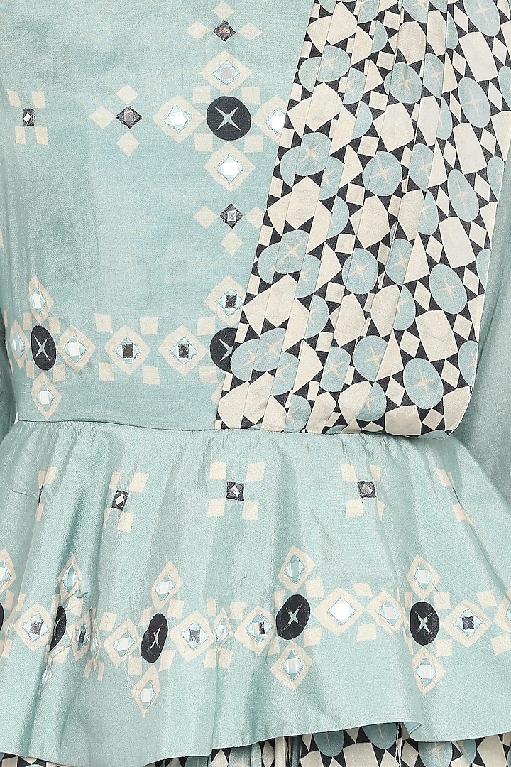 Blue Chanderi Mirror Embellished Pre-Draped Party Wear Saree Set by Soup by Sougat Paul at Pernia's Pop Up Shop
