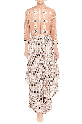 Peach & Brown Jumpsuit With Embellished Jacket by Soup by Sougat Paul