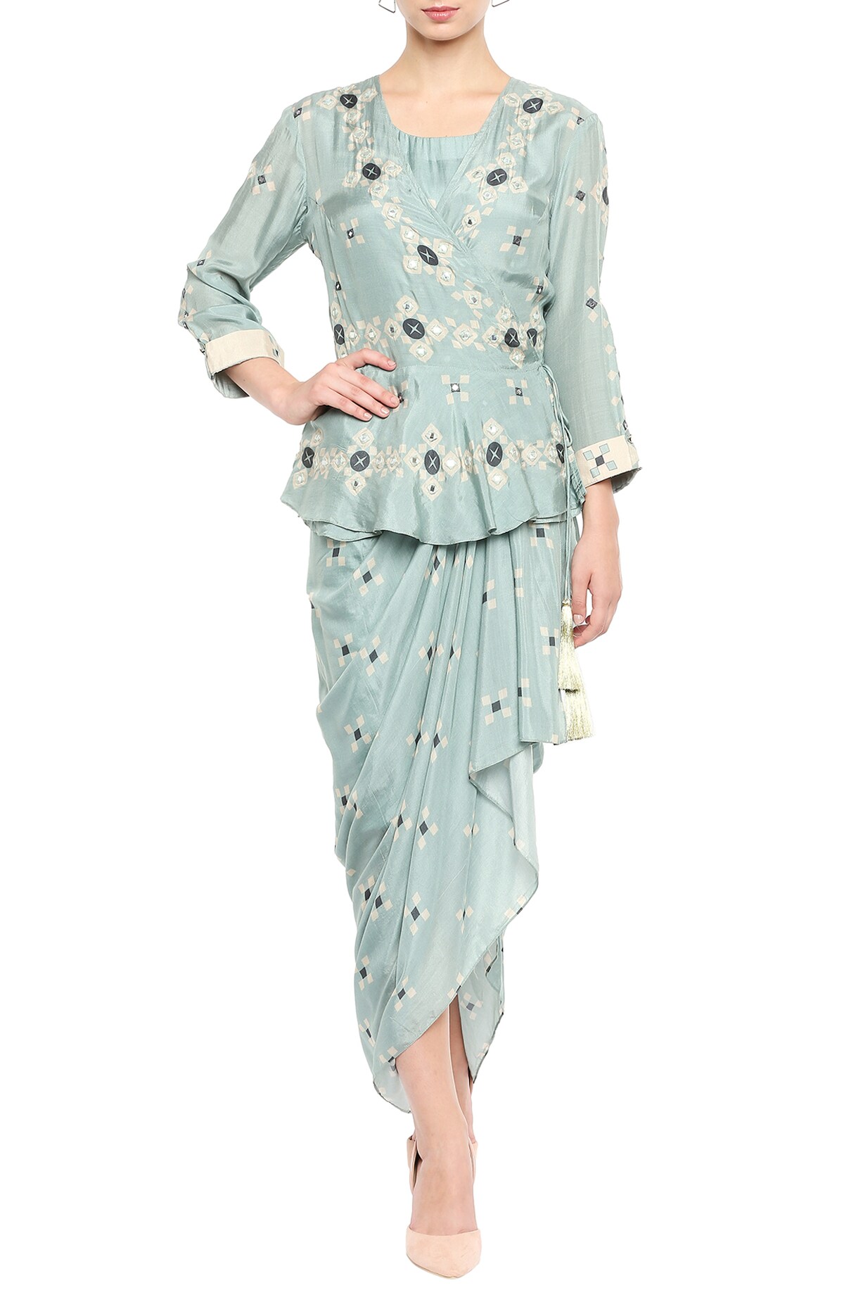 Blue Draped Dress With Embellished Peplum Jacket by Soup by Sougat Paul at  Pernia's Pop Up Shop 2026