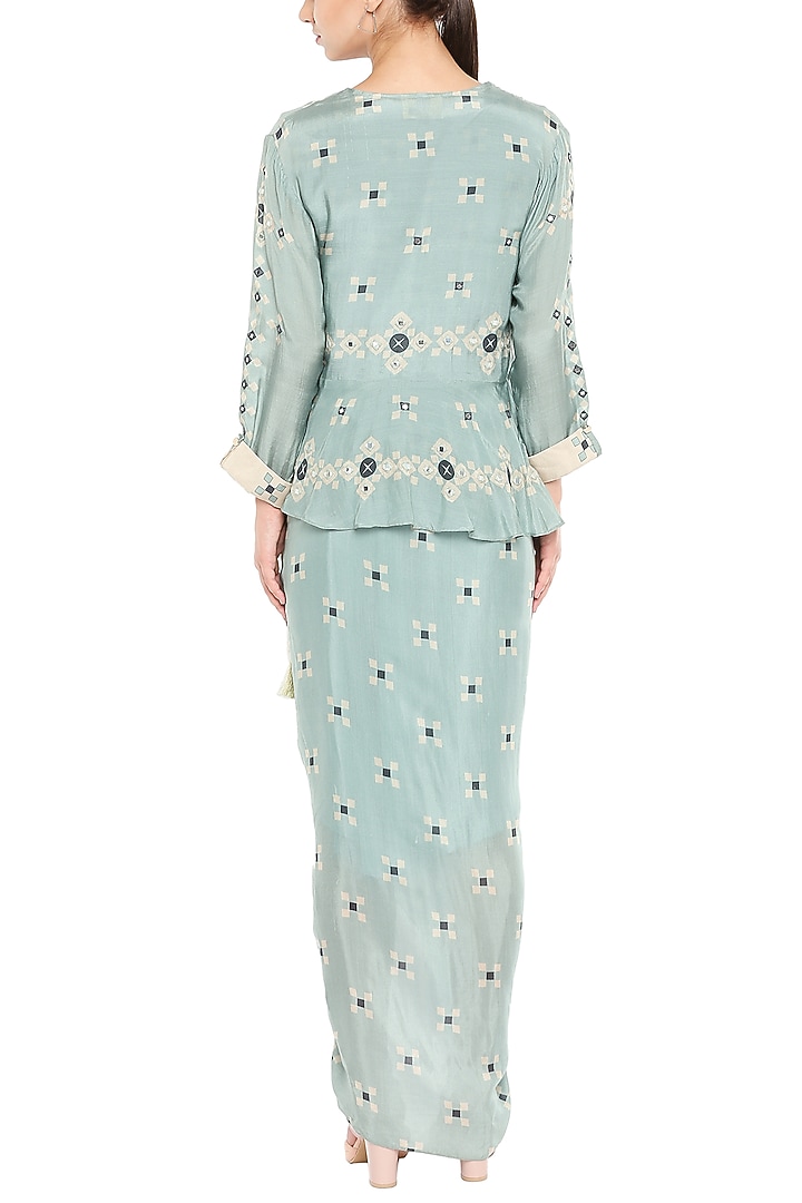 Blue Draped Vacation Dress With Embellished Peplum Jacket by Soup by Sougat Paul at Pernia's Pop Up Shop