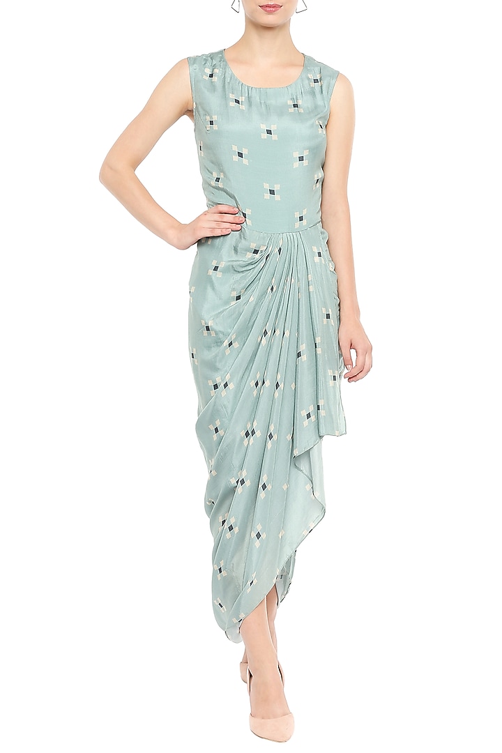 Blue Draped Vacation Dress With Embellished Peplum Jacket by Soup by Sougat Paul at Pernia's Pop Up Shop