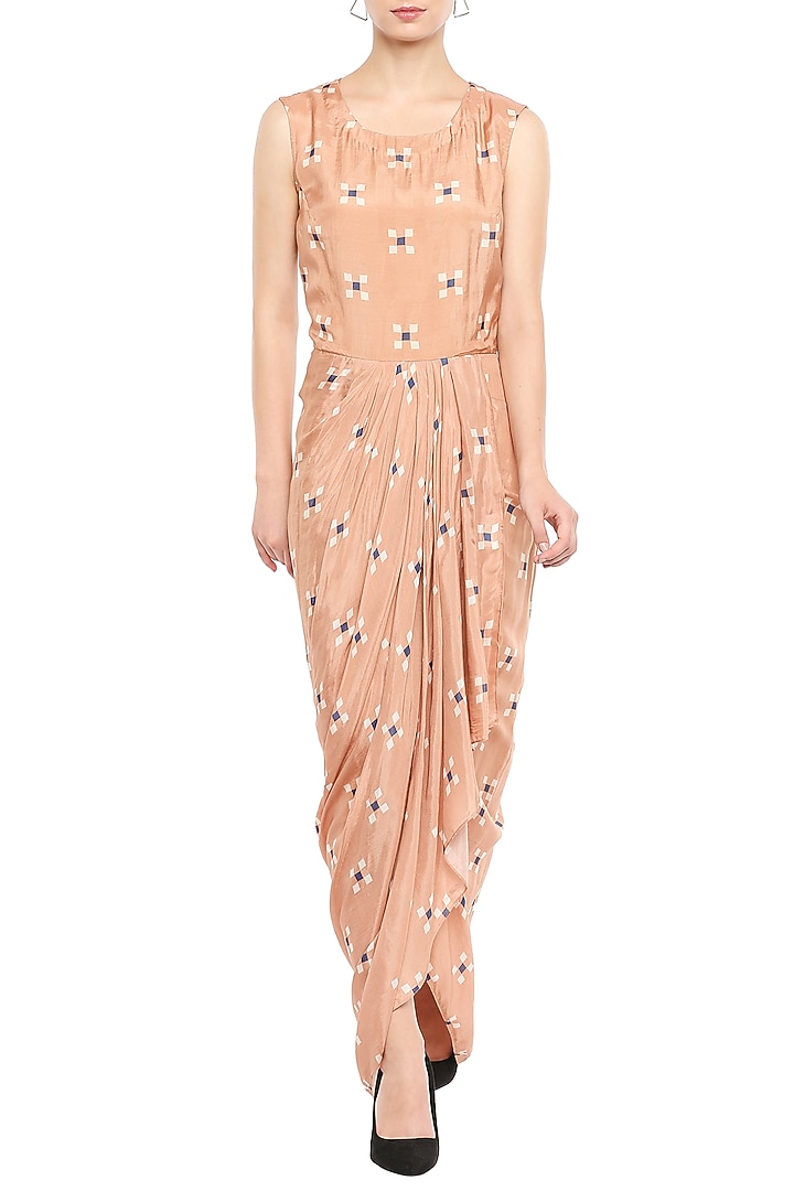 Peach Draped Vacation Dress With Embellished Peplum Jacket by Soup by Sougat Paul at Pernia's Pop Up Shop