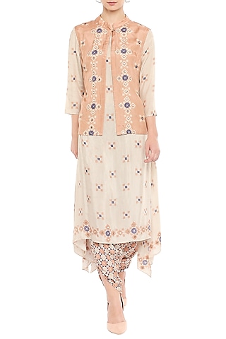 Beige Kurta With Dhoti Pants & Embellished Jacket by Soup by Sougat Paul