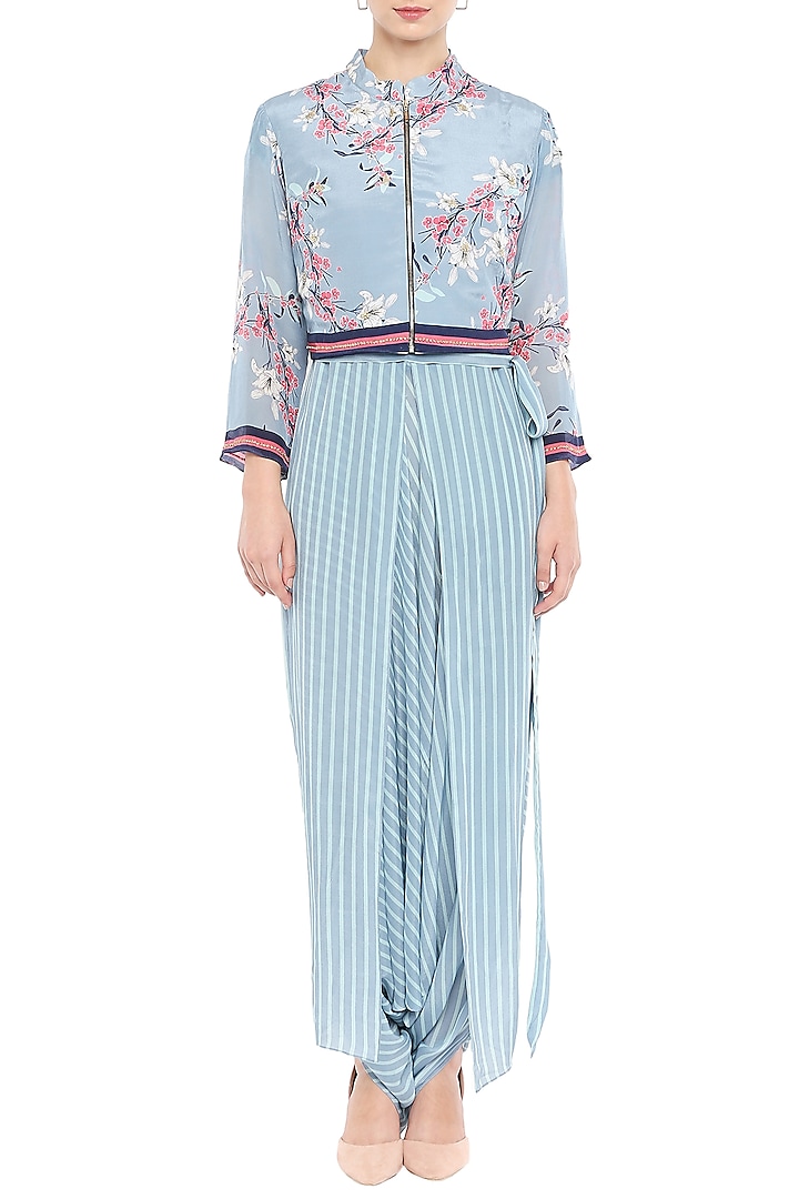 Blue Printed Jumpsuit With Embroidered Jacket by Soup by Sougat Paul