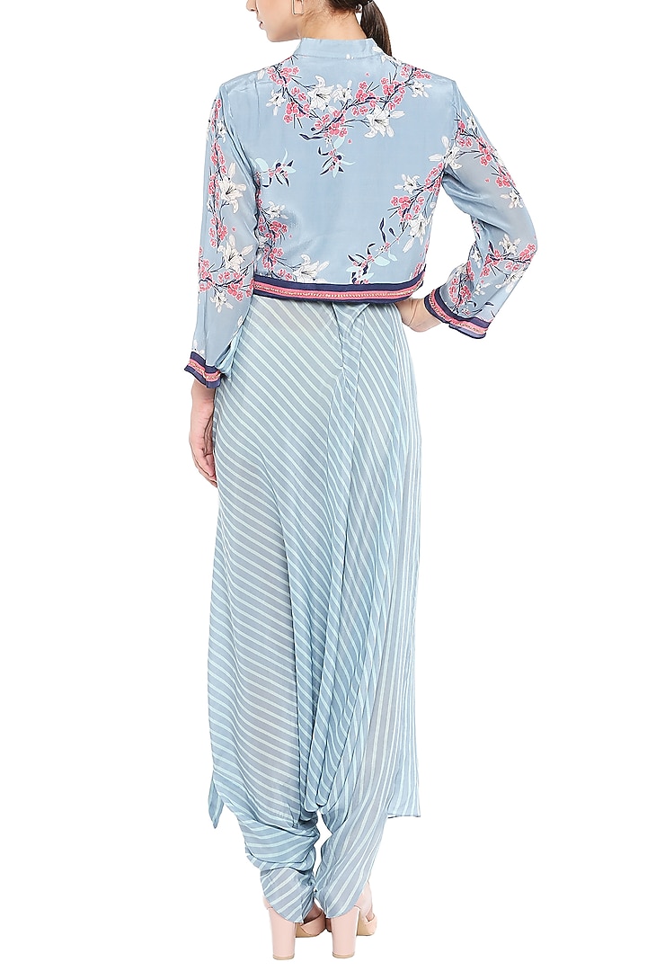 Blue Printed Jumpsuit With Embroidered Jacket by Soup by Sougat Paul at Pernia's Pop Up Shop