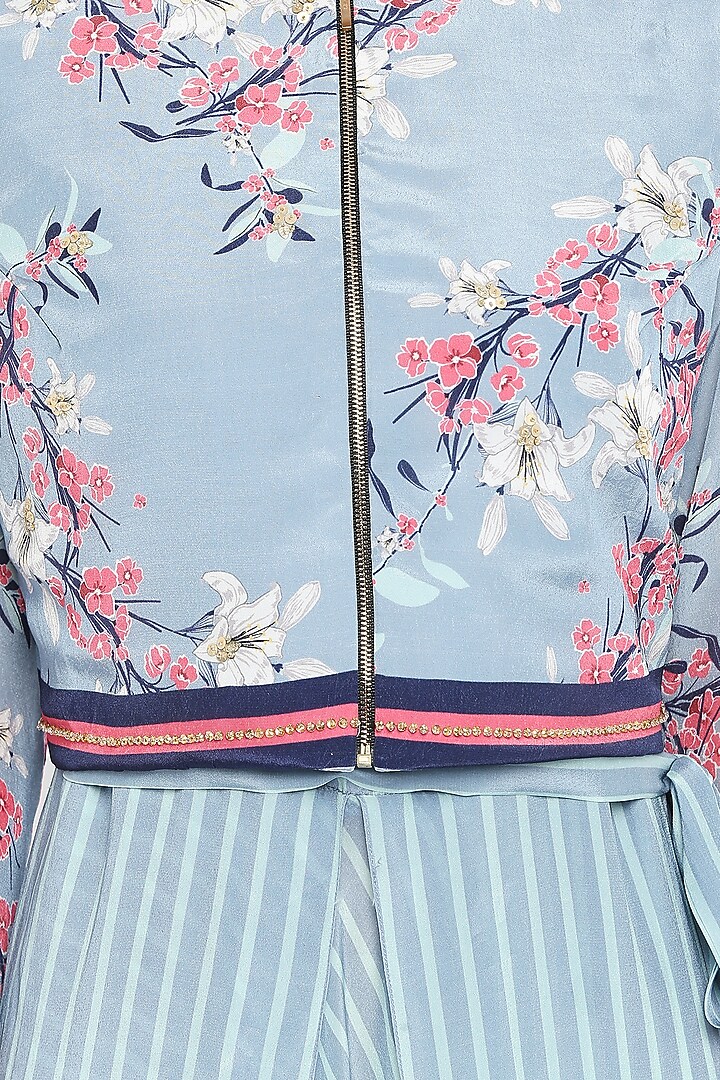 Blue Printed Jumpsuit With Embroidered Jacket by Soup by Sougat Paul at Pernia's Pop Up Shop