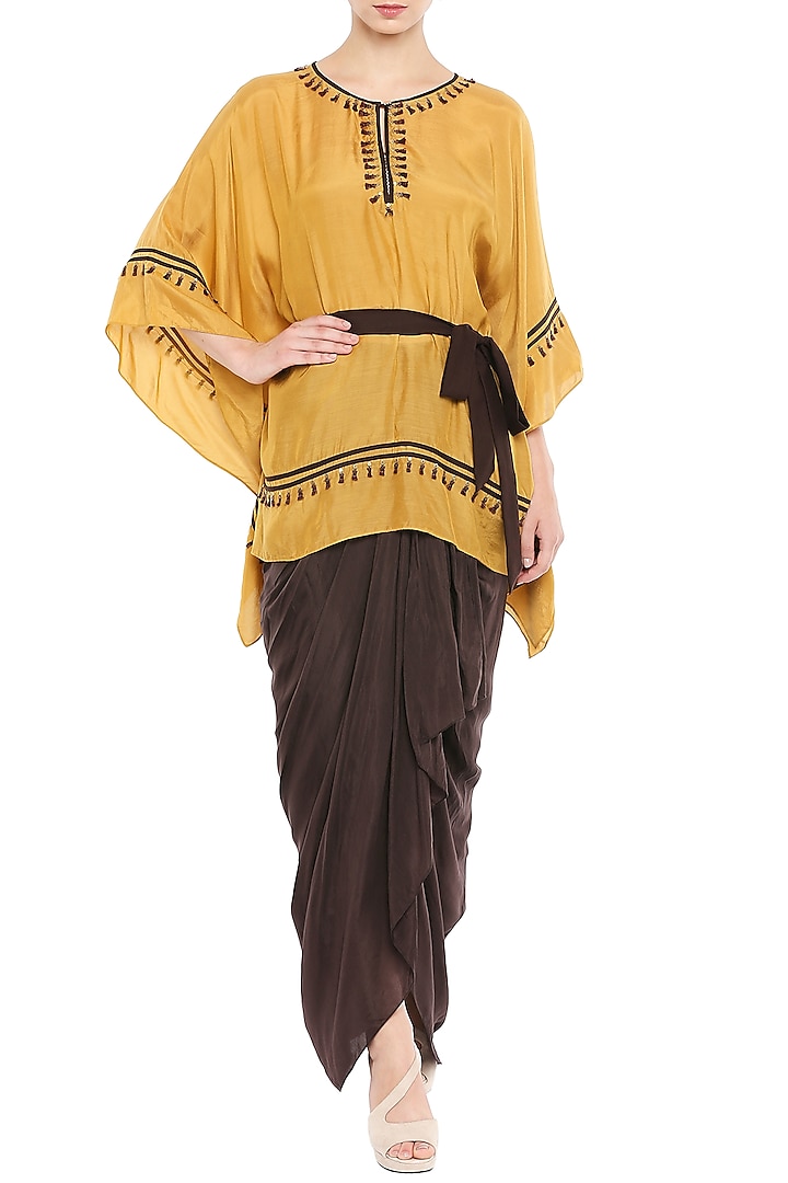 Mustard Embroidered Kaftan With Brown Skirt & Belt by Soup by Sougat Paul