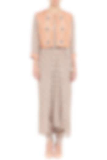 Brown Printed Jumpsuit With Peach Embroidered Jacket by Soup by Sougat Paul