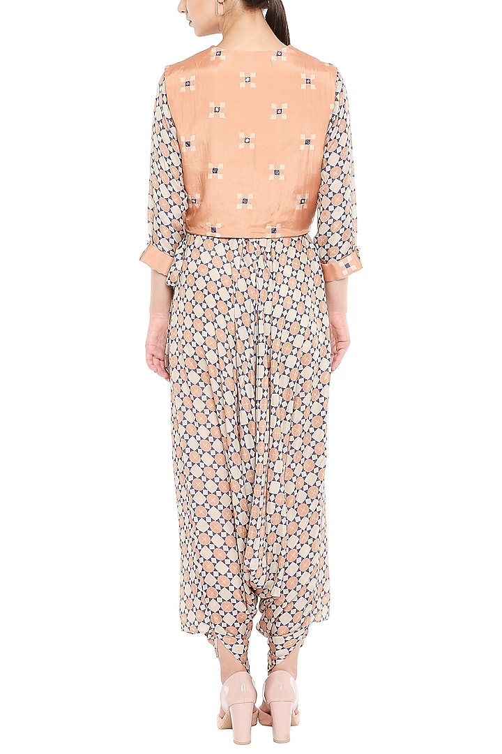 Brown Printed Jumpsuit With Peach Embroidered Jacket by Soup by Sougat Paul at Pernia's Pop Up Shop