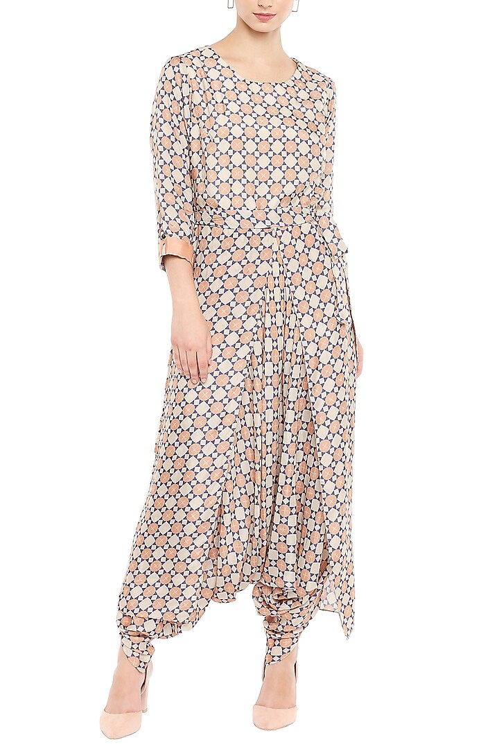 Brown Printed Jumpsuit With Peach Embroidered Jacket by Soup by Sougat Paul at Pernia's Pop Up Shop