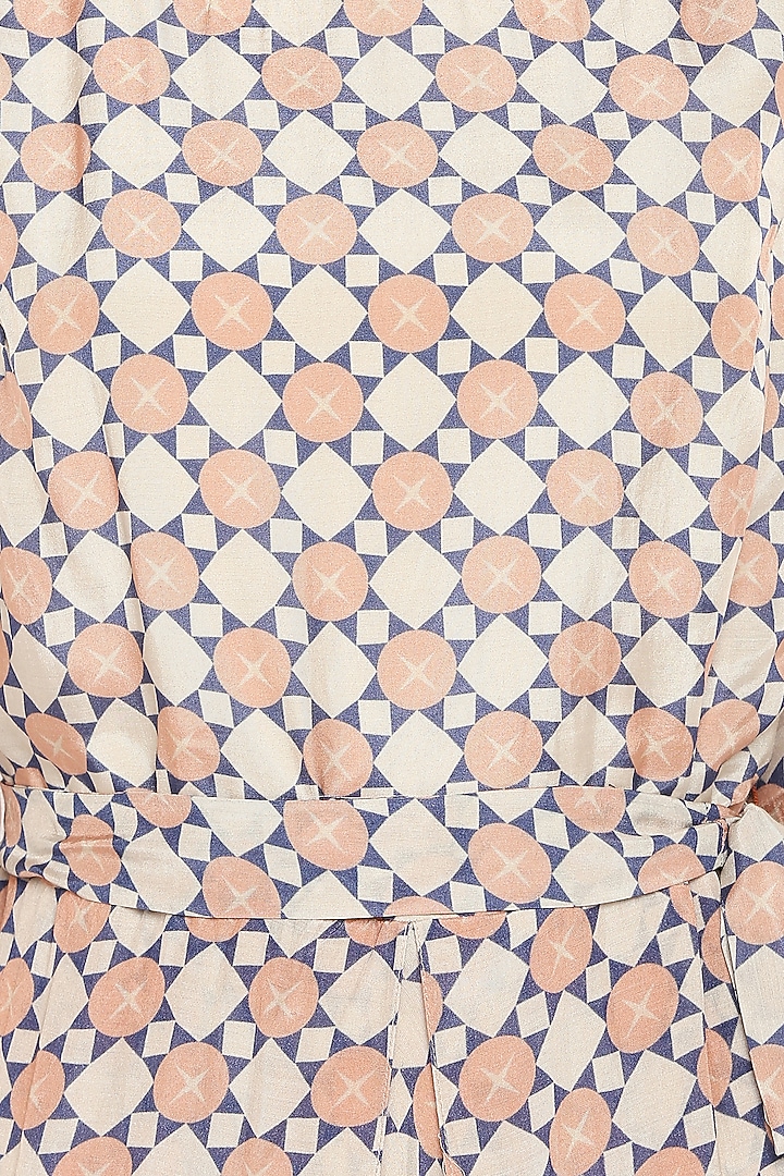 Brown Printed Jumpsuit With Peach Embroidered Jacket by Soup by Sougat Paul at Pernia's Pop Up Shop