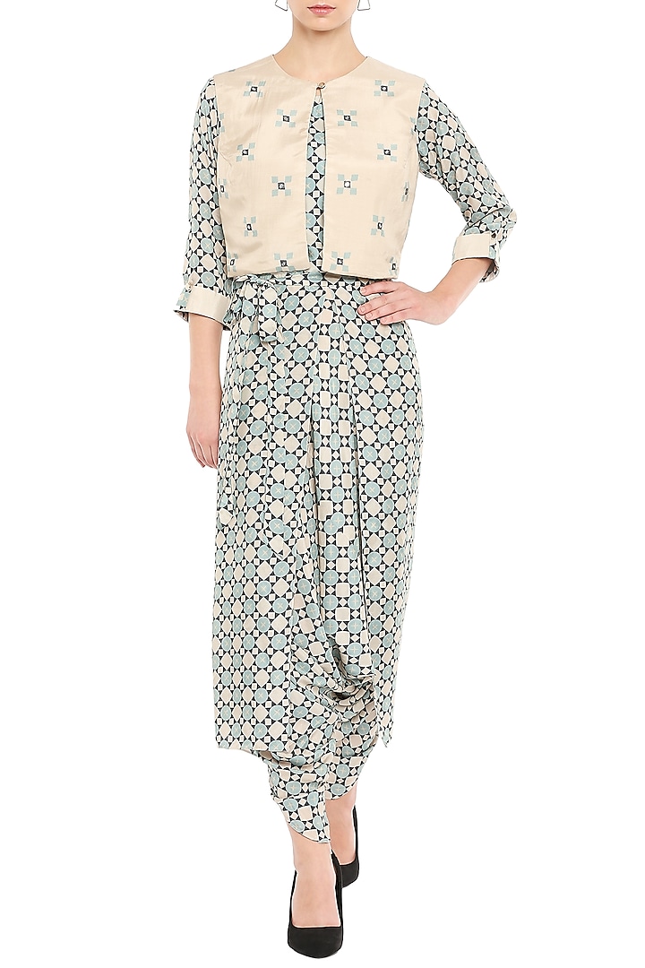 Blue Printed Jumpsuit With Beige Embroidered Jacket by Soup by Sougat Paul