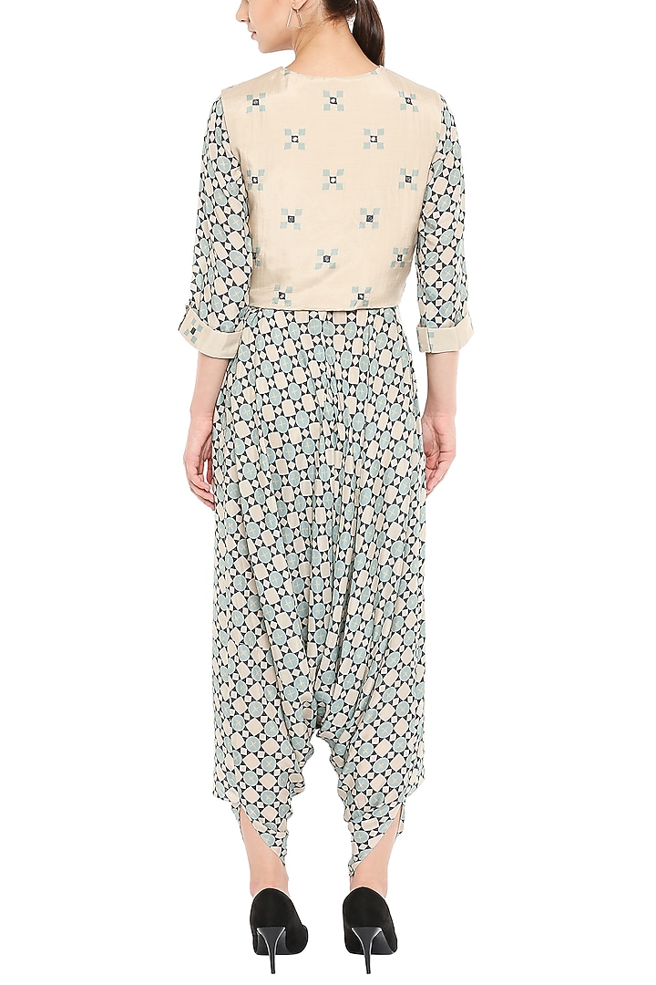 Blue Printed Jumpsuit With Beige Embroidered Jacket by Soup by Sougat Paul at Pernia's Pop Up Shop