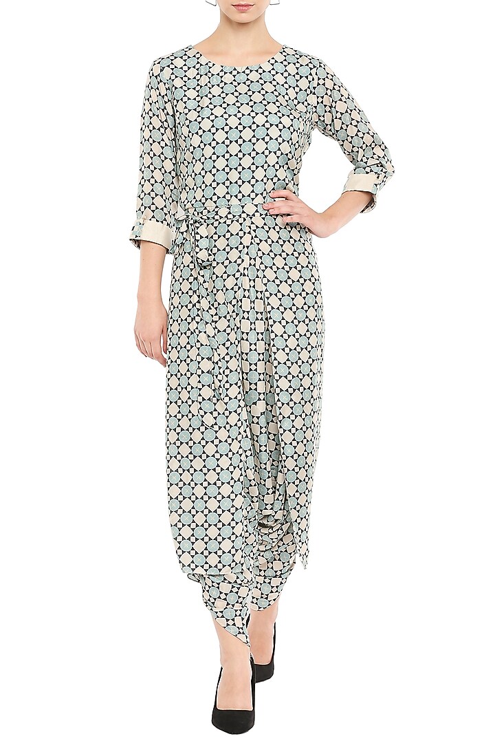 Blue Printed Jumpsuit With Beige Embroidered Jacket by Soup by Sougat Paul at Pernia's Pop Up Shop