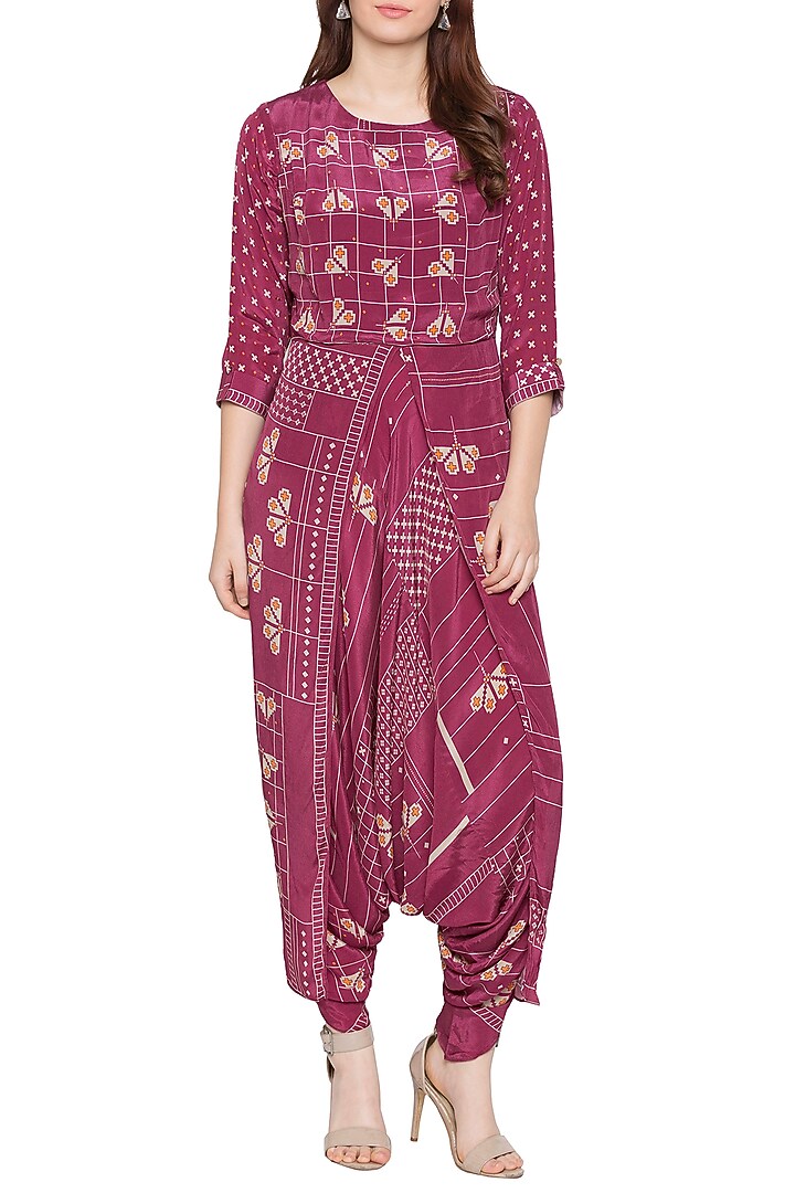 Maroon Printed Dhoti Jumpsuit by Soup by Sougat Paul