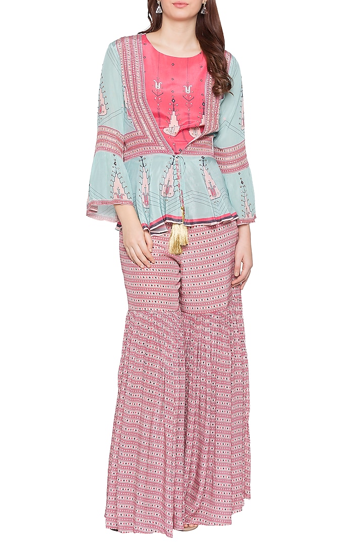 Blue Embroidered Peplum Jacket With Pink Top & Sharara Pants by Soup by Sougat Paul