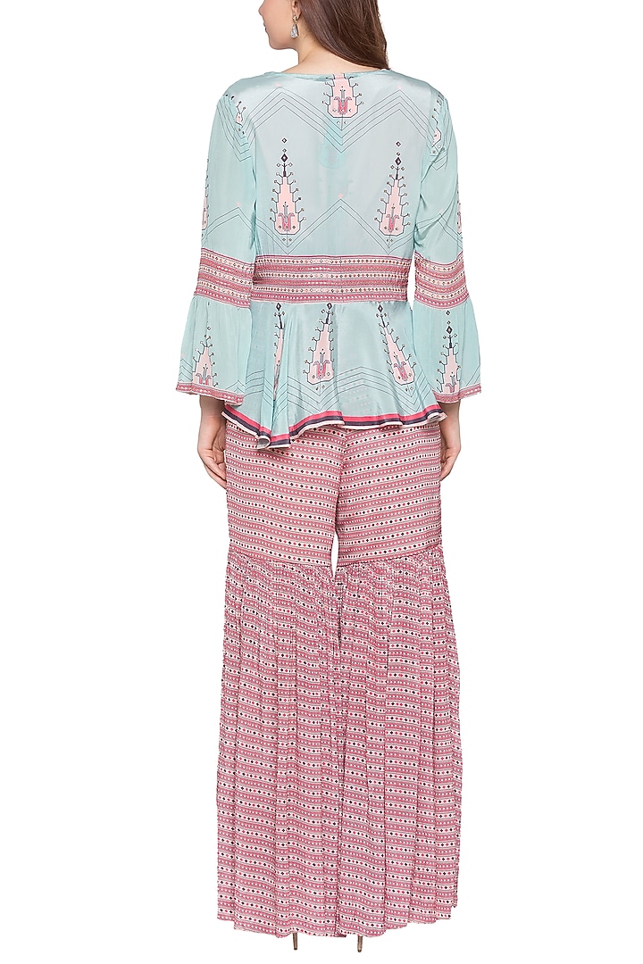 Blue Embroidered Peplum Jacket With Pink Top & Party Wear Sharara Pants by Soup by Sougat Paul at Pernia's Pop Up Shop