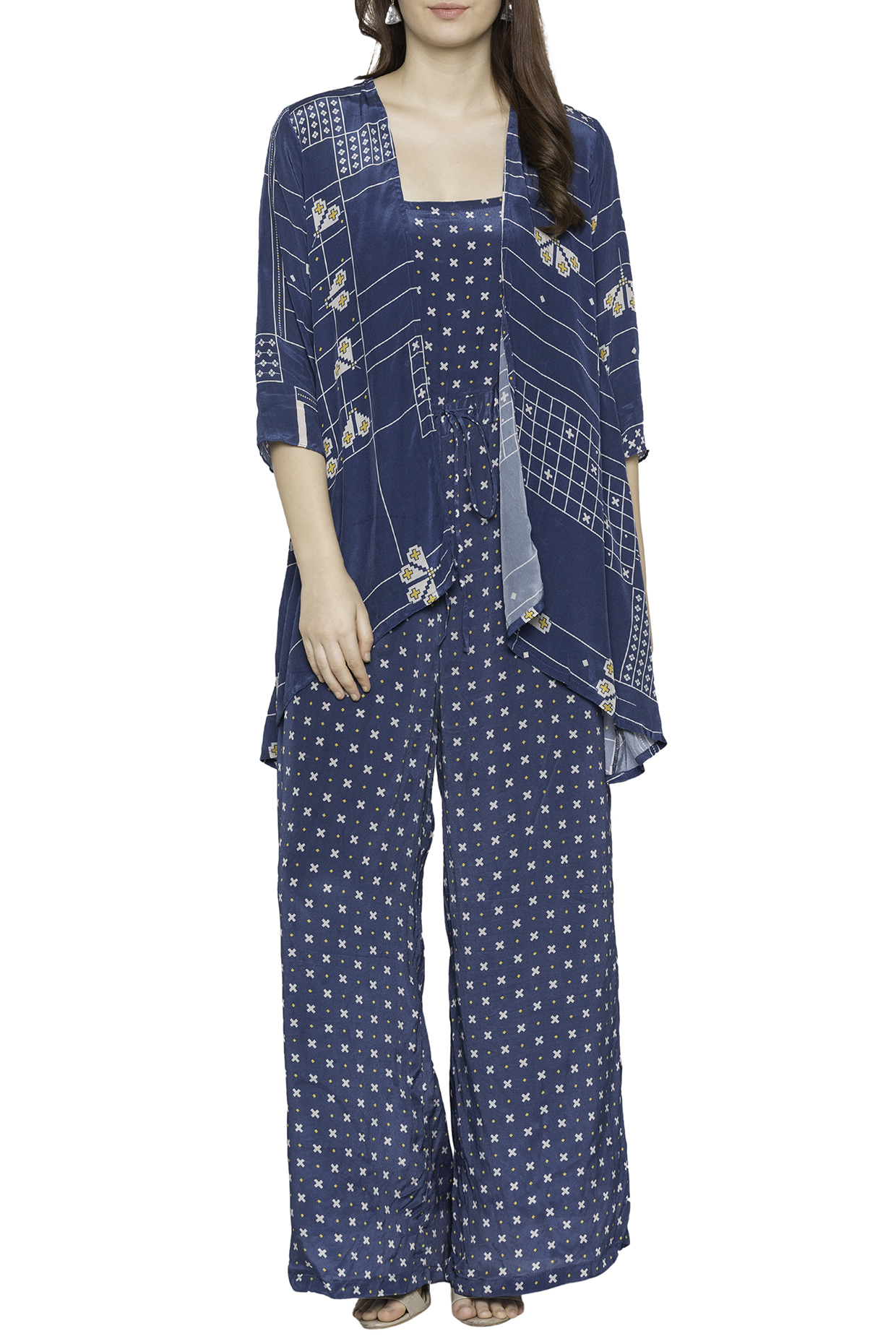 Blue Printed Jumpsuit With High-Low Jacket by Soup by Sougat Paul at Pernia's Pop Up Shop