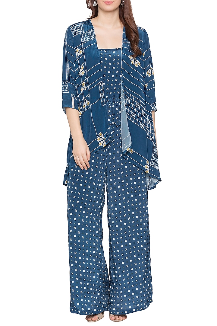Blue Printed Jumpsuit With High-Low Jacket by Soup by Sougat Paul
